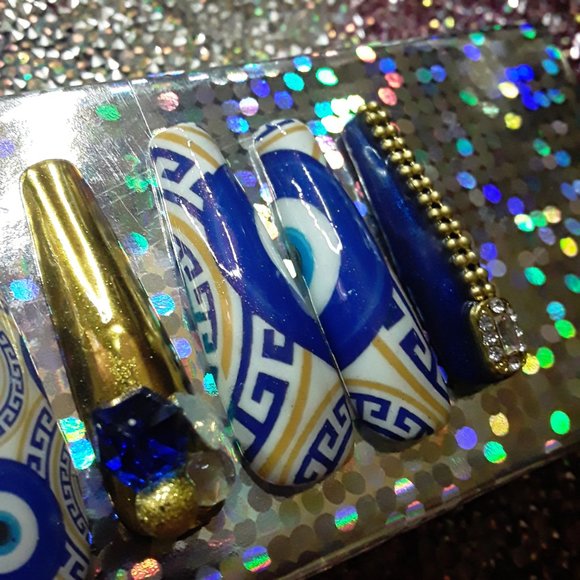 Handmade XXL Coffin Hard Gel "Evil Eye" Theme Greek symbol Press On Nails - Picture 7 of 9